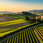 Tuscan Countryside at Golden Hour**

"Drone shot of a rolling Tuscan countryside at golden hour, showcasing vineyards and cypress trees bathed in warm, soft light. Utilize the rule of thirds for composition, placing the horizon line on the lower third. Capture the natural geometry of the cultivated fields and the winding roads. Perfect lighting, vibrant colors, high resolution, safe for work, appropriate content."

**