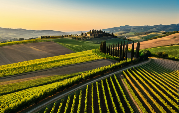 Tuscan Countryside at Golden Hour**
"Drone shot of a rolling Tuscan countryside at golden hour, showcasing vineyards and cypress trees bathed in warm, soft light. Utilize the rule of thirds for composition, placing the horizon line on the lower third. Capture the natural geometry of the cultivated fields and the winding roads. Perfect lighting, vibrant colors, high resolution, safe for work, appropriate content."
**