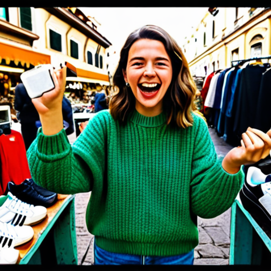 Finding a Vintage Treasure**

Prompt:  A brightly lit flea market stall in Italy, overflowing with vintage clothing and accessories.  A young woman with a stylish, modest outfit (jeans and a sweater) is excitedly holding up a pair of well-worn Adidas Stan Smith sneakers with the original green tongue. Other market vendors and shoppers are visible in the background, creating a lively atmosphere.  Perfect anatomy, natural pose, well-formed hands, proper finger count, safe for work, appropriate content, fully clothed, family-friendly. Professional photography style.

**