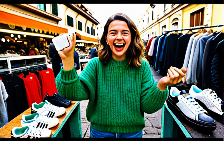 Finding a Vintage Treasure**

Prompt:  A brightly lit flea market stall in Italy, overflowing with vintage clothing and accessories.  A young woman with a stylish, modest outfit (jeans and a sweater) is excitedly holding up a pair of well-worn Adidas Stan Smith sneakers with the original green tongue. Other market vendors and shoppers are visible in the background, creating a lively atmosphere.  Perfect anatomy, natural pose, well-formed hands, proper finger count, safe for work, appropriate content, fully clothed, family-friendly. Professional photography style.

**