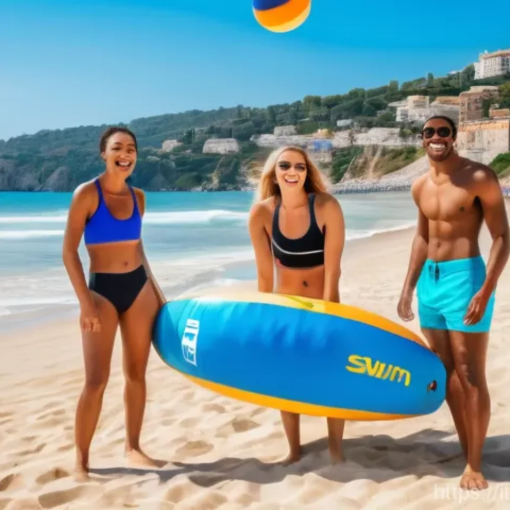 드론 보험 가입 팁 - A joyful group of diverse friends, aged 18-25, enthusiastically playing beach volleyball on a sun-dr...