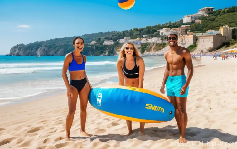 드론 보험 가입 팁 - A joyful group of diverse friends, aged 18-25, enthusiastically playing beach volleyball on a sun-dr...