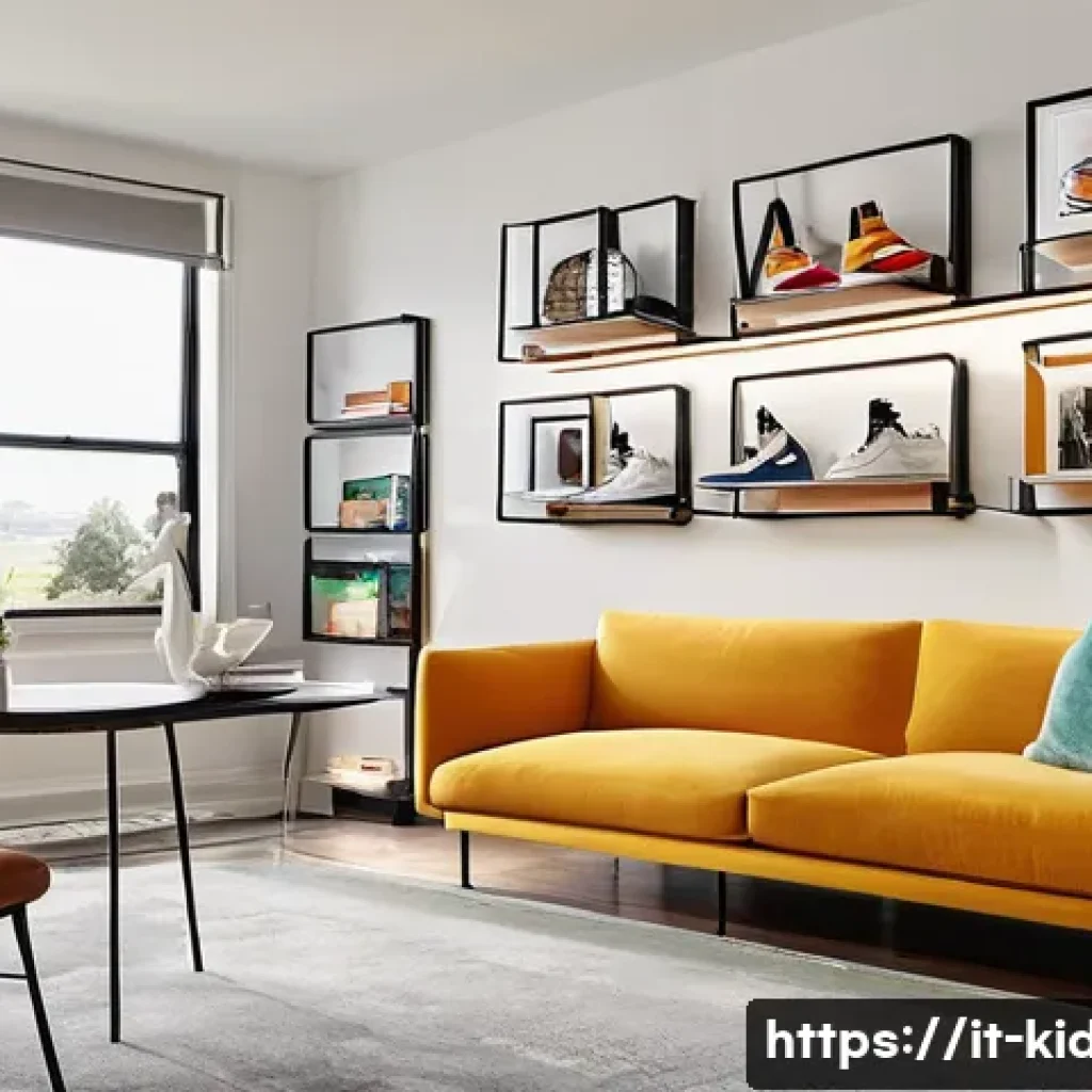 스니커즈 보관함 추천 - **Prompt:** A sleek, modern living room corner showcasing a meticulously organized sneaker collectio...