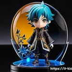 애니메이션 피규어 - A high-quality collectible anime action figure posed dynamically on a sleek black display stand, fea...