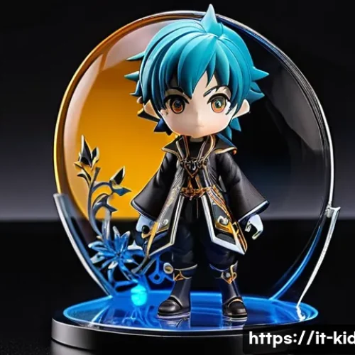 애니메이션 피규어 - A high-quality collectible anime action figure posed dynamically on a sleek black display stand, fea...