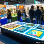 Home 19 키덜트 페어 일정 - A vibrant and bustling toy fair scene inside a modern exhibition hall in Milan, filled with visitors...