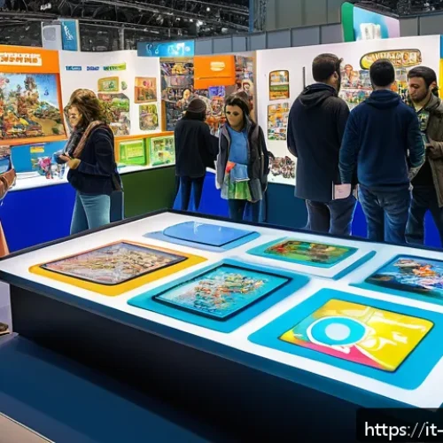 Home 31 키덜트 페어 일정 - A vibrant and bustling toy fair scene inside a modern exhibition hall in Milan, filled with visitors...