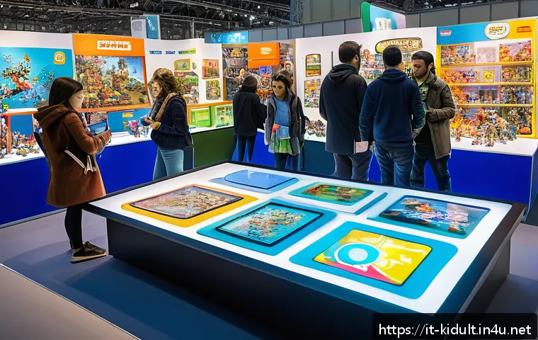 키덜트 페어 일정 - A vibrant and bustling toy fair scene inside a modern exhibition hall in Milan, filled with visitors...